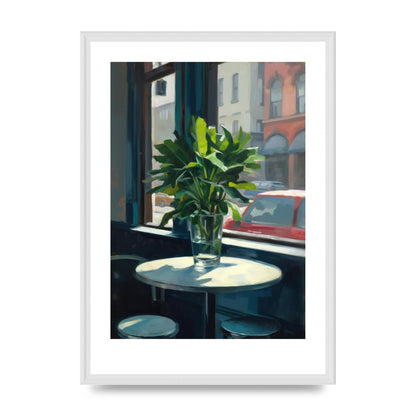 Plant on Cafe Table Against City Backdrop