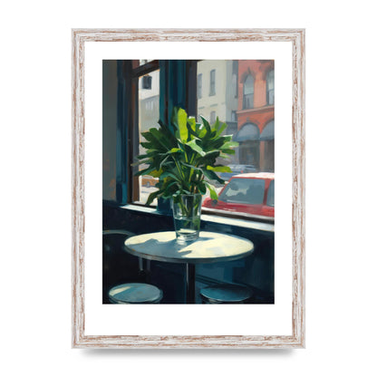Plant on Cafe Table Against City Backdrop