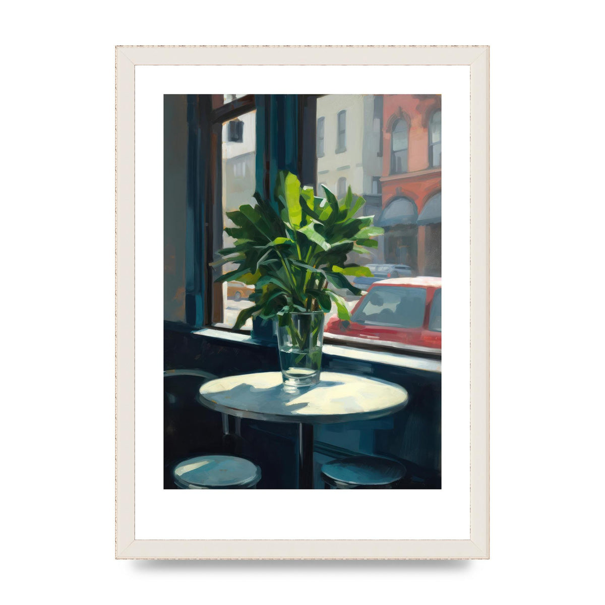 Plant on Cafe Table Against City Backdrop