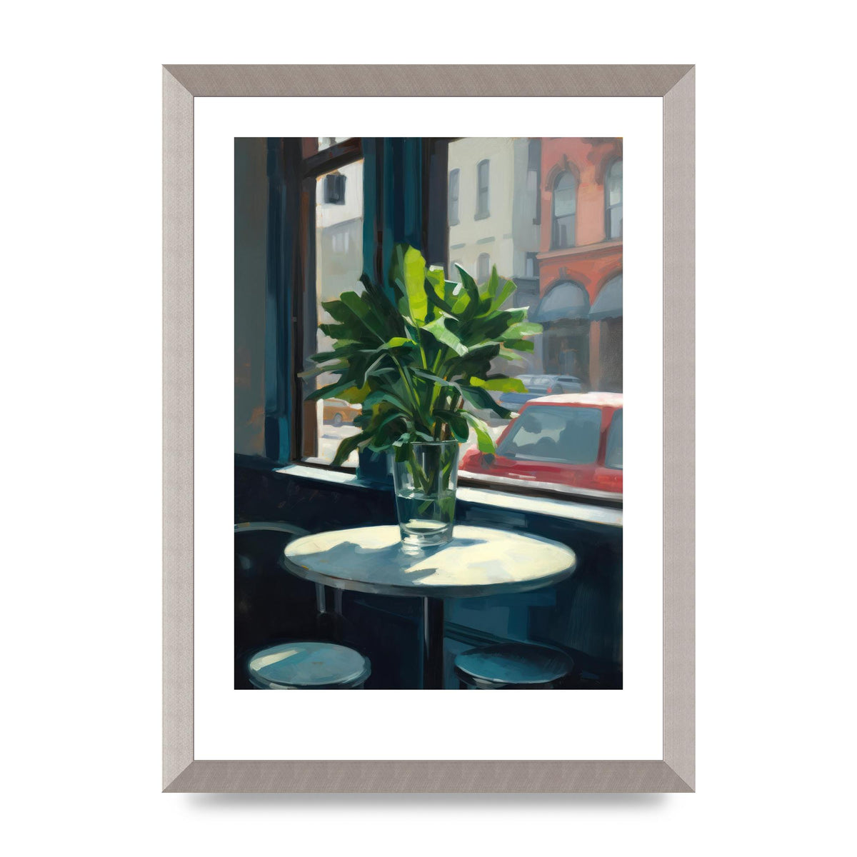 Plant on Cafe Table Against City Backdrop