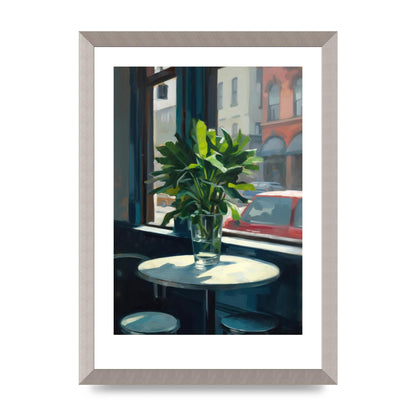 Plant on Cafe Table Against City Backdrop
