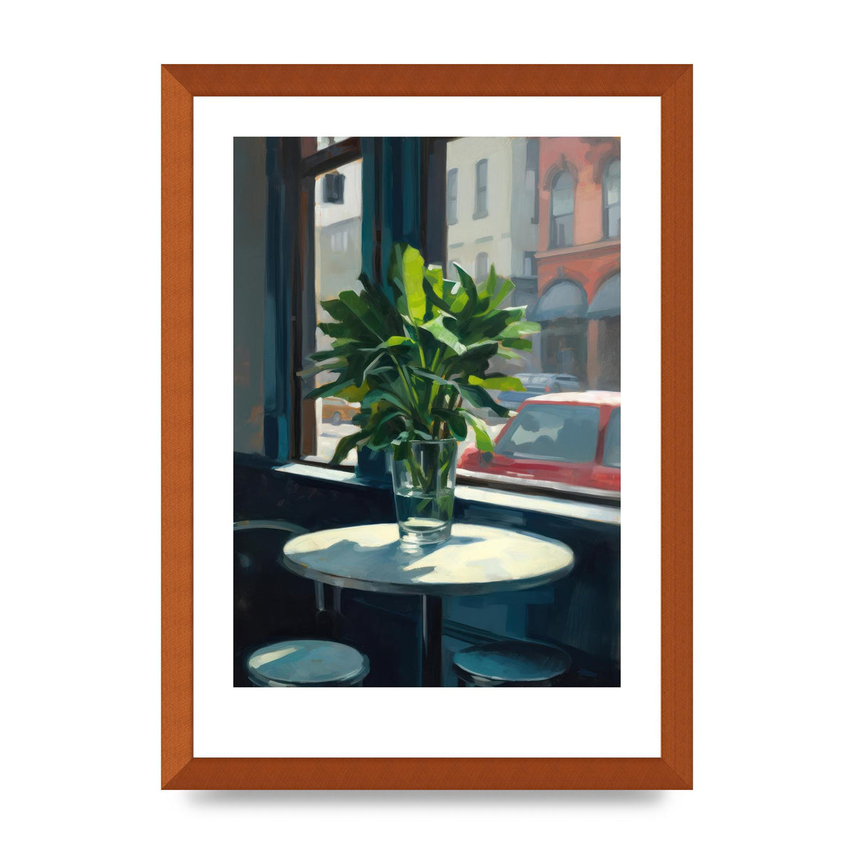 Plant on Cafe Table Against City Backdrop