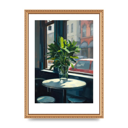 Plant on Cafe Table Against City Backdrop