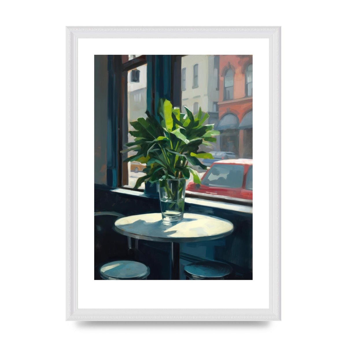 Plant on Cafe Table Against City Backdrop