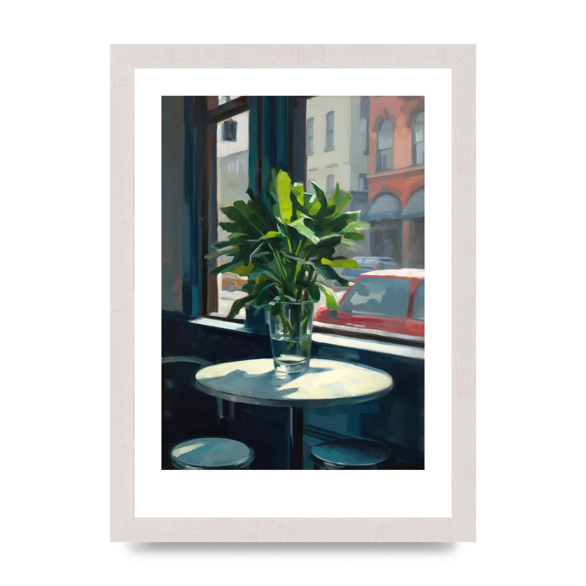 Plant on Cafe Table Against City Backdrop