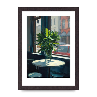 Plant on Cafe Table Against City Backdrop