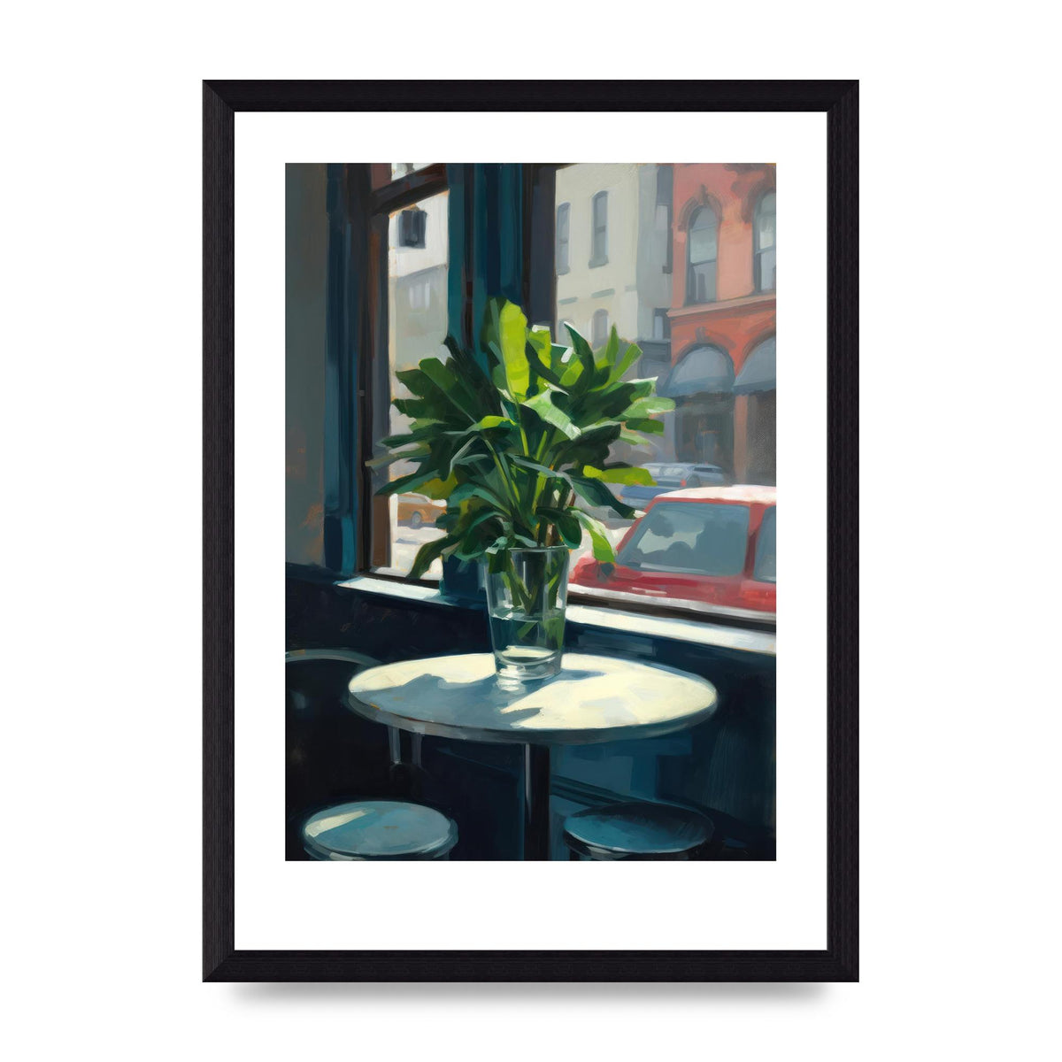 Plant on Cafe Table Against City Backdrop