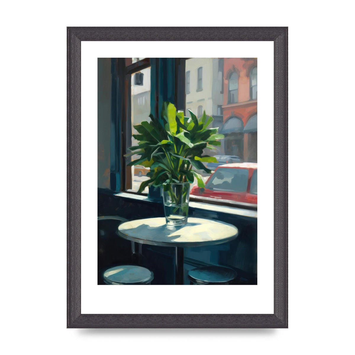 Plant on Cafe Table Against City Backdrop