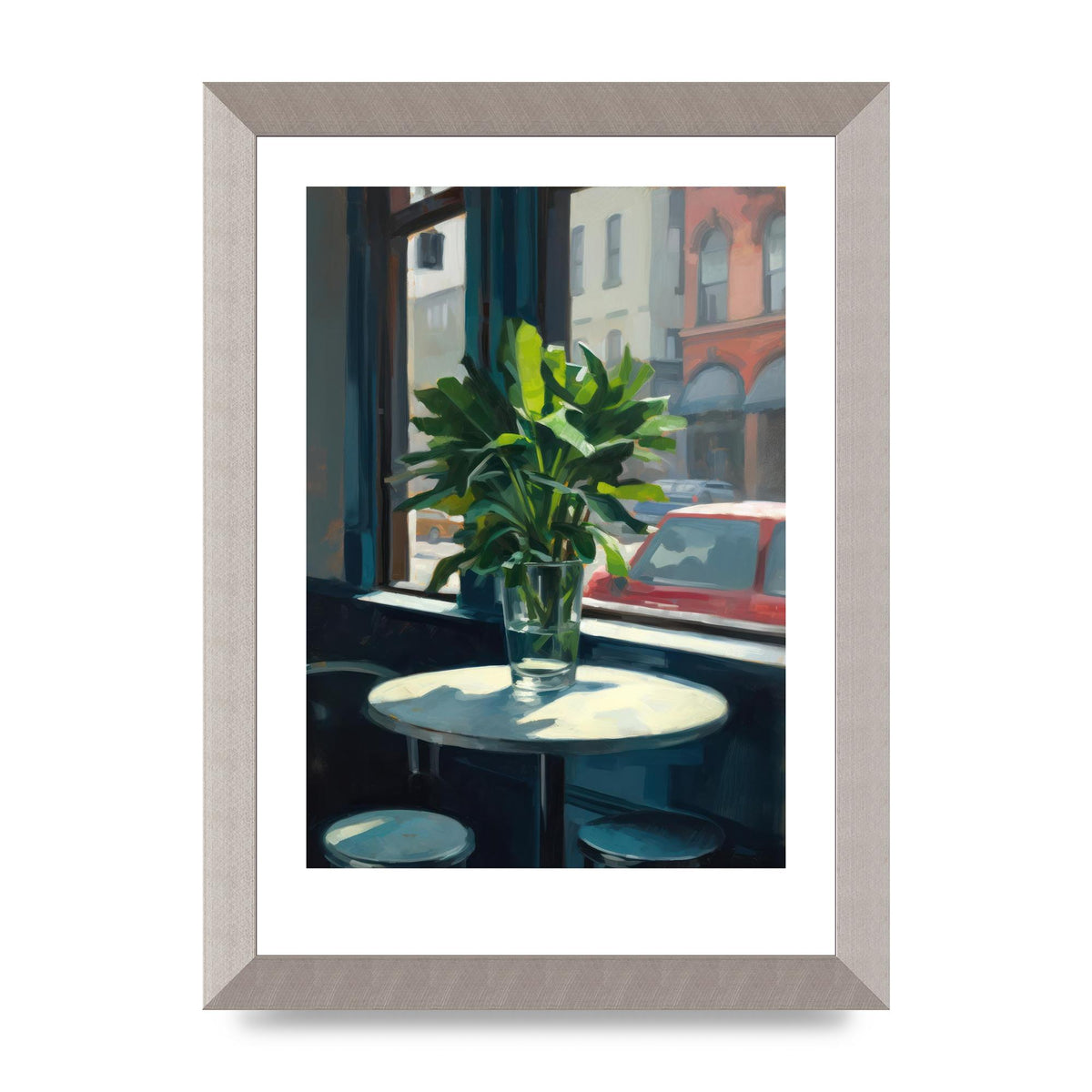 Plant on Cafe Table Against City Backdrop
