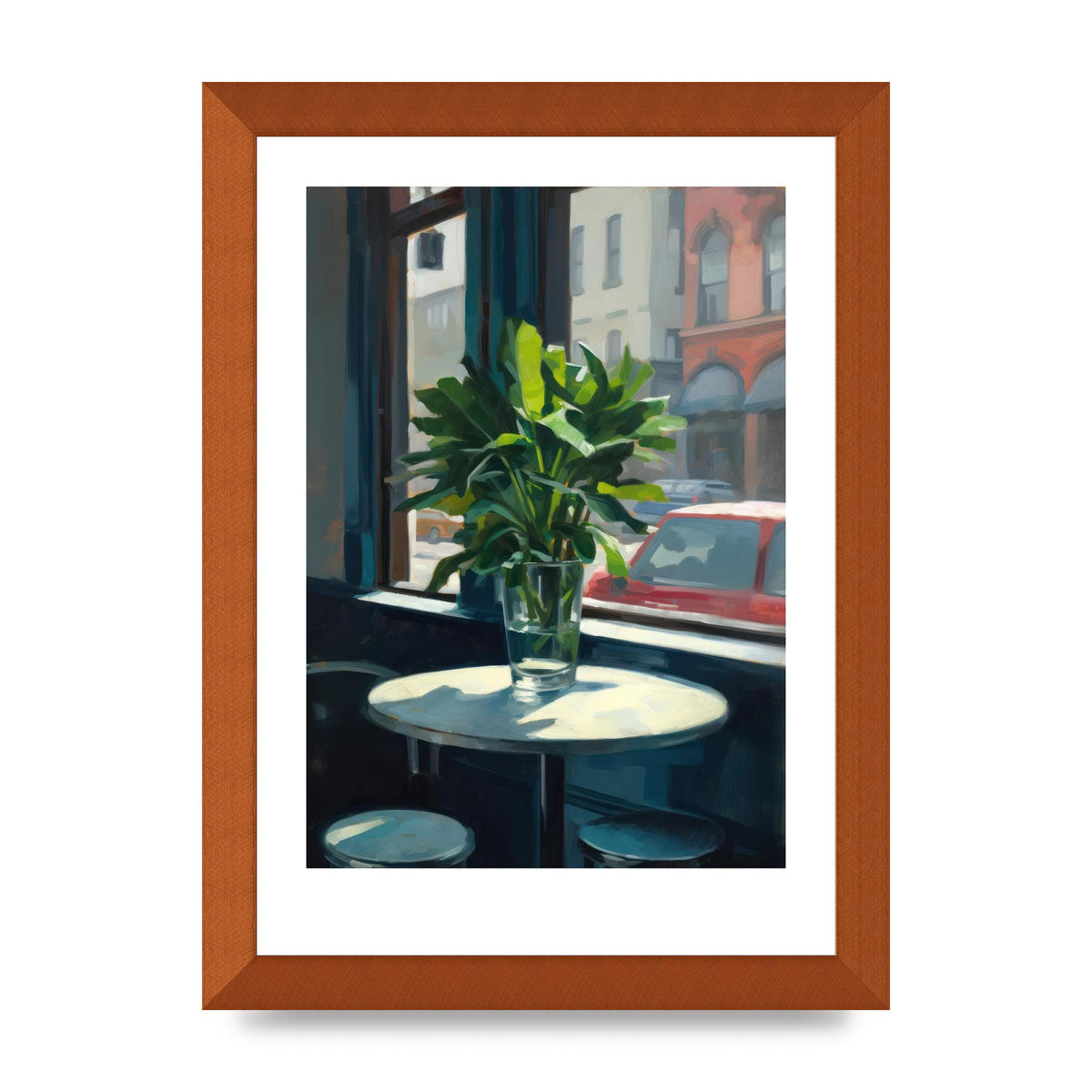Plant on Cafe Table Against City Backdrop