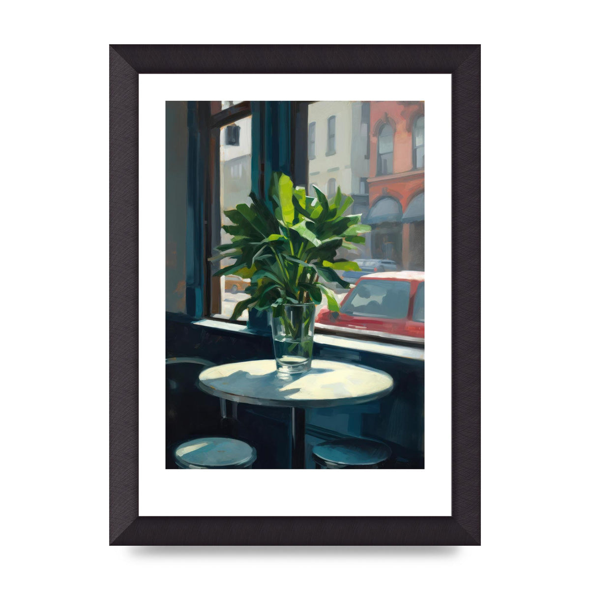Plant on Cafe Table Against City Backdrop
