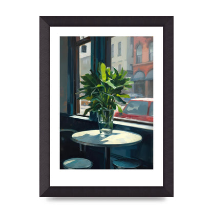 Plant on Cafe Table Against City Backdrop
