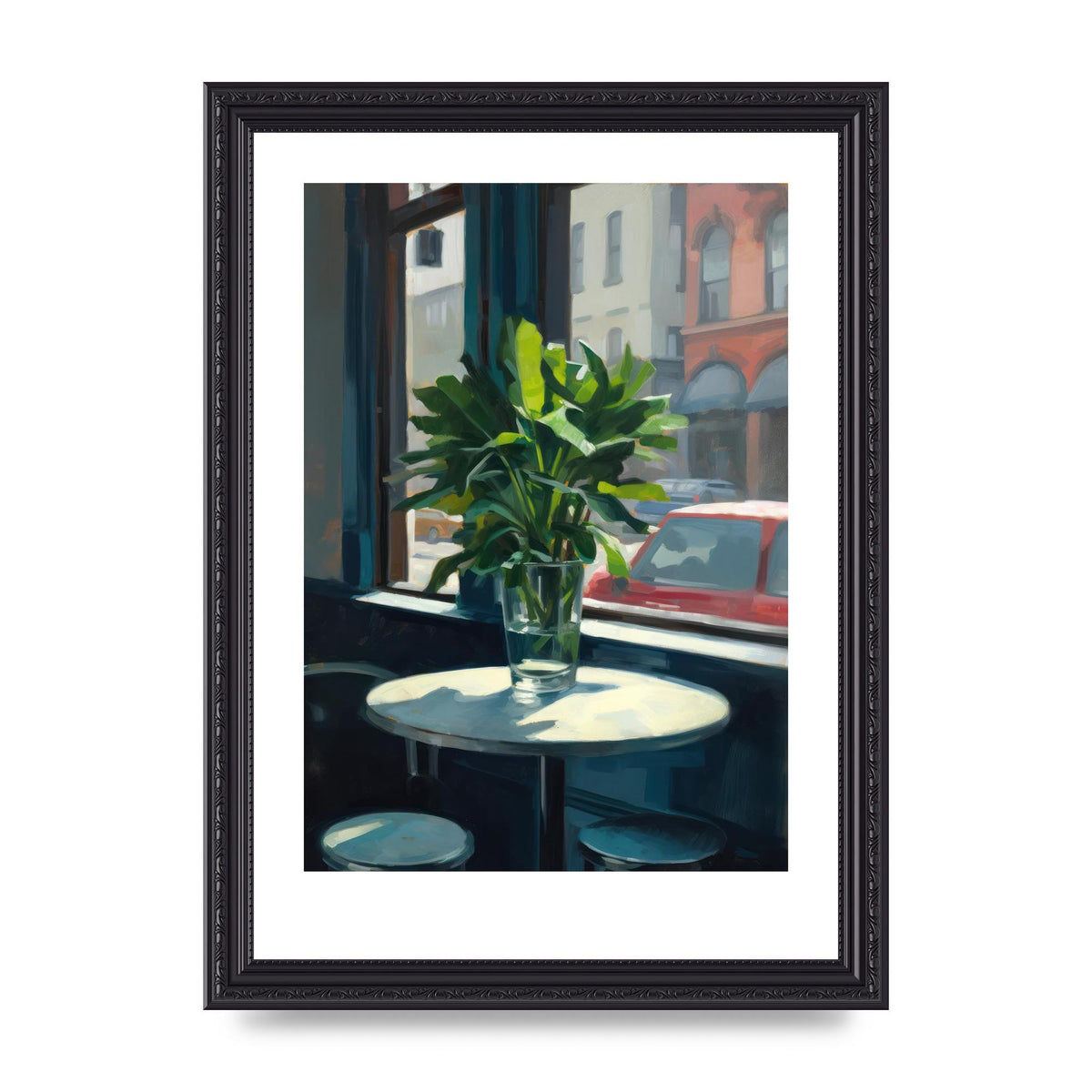 Plant on Cafe Table Against City Backdrop
