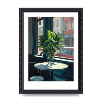 Plant on Cafe Table Against City Backdrop