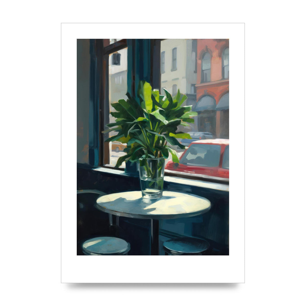 Plant on Cafe Table Against City Backdrop