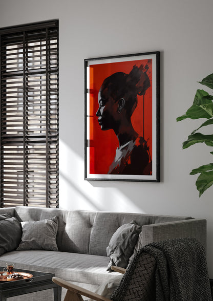 Striking Black Figure on Red Canvas