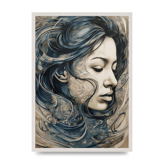 Female Face in Black Swirls and Indigo
