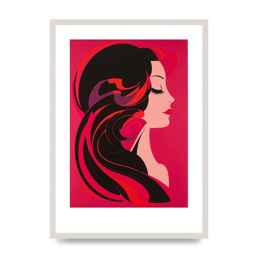 Woman in Hot Pink Curve, print in an A2 white saw cut grain frame