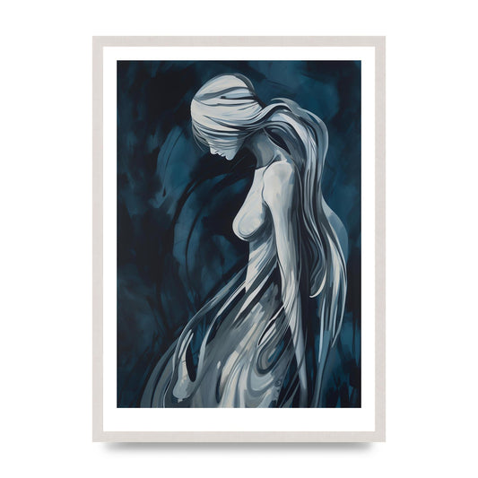 Womans Form in White and Dark Blue, print in an A2 white saw cut grain frame