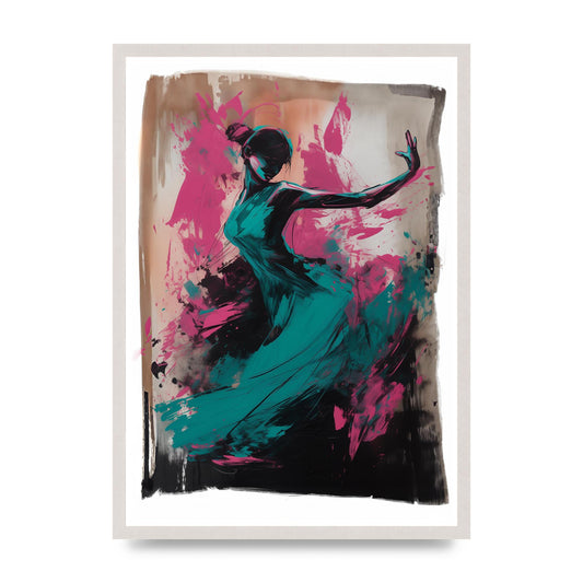 Woman in Pink and Turquoise Motion, print in an A2 white saw cut grain frame