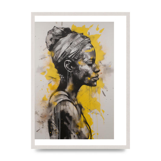 Yellow and Grey Blend with Bold Black Strokes, print in an A2 white saw cut grain frame