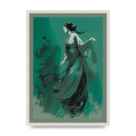 Feminine Grace in Black on Jade Canvas