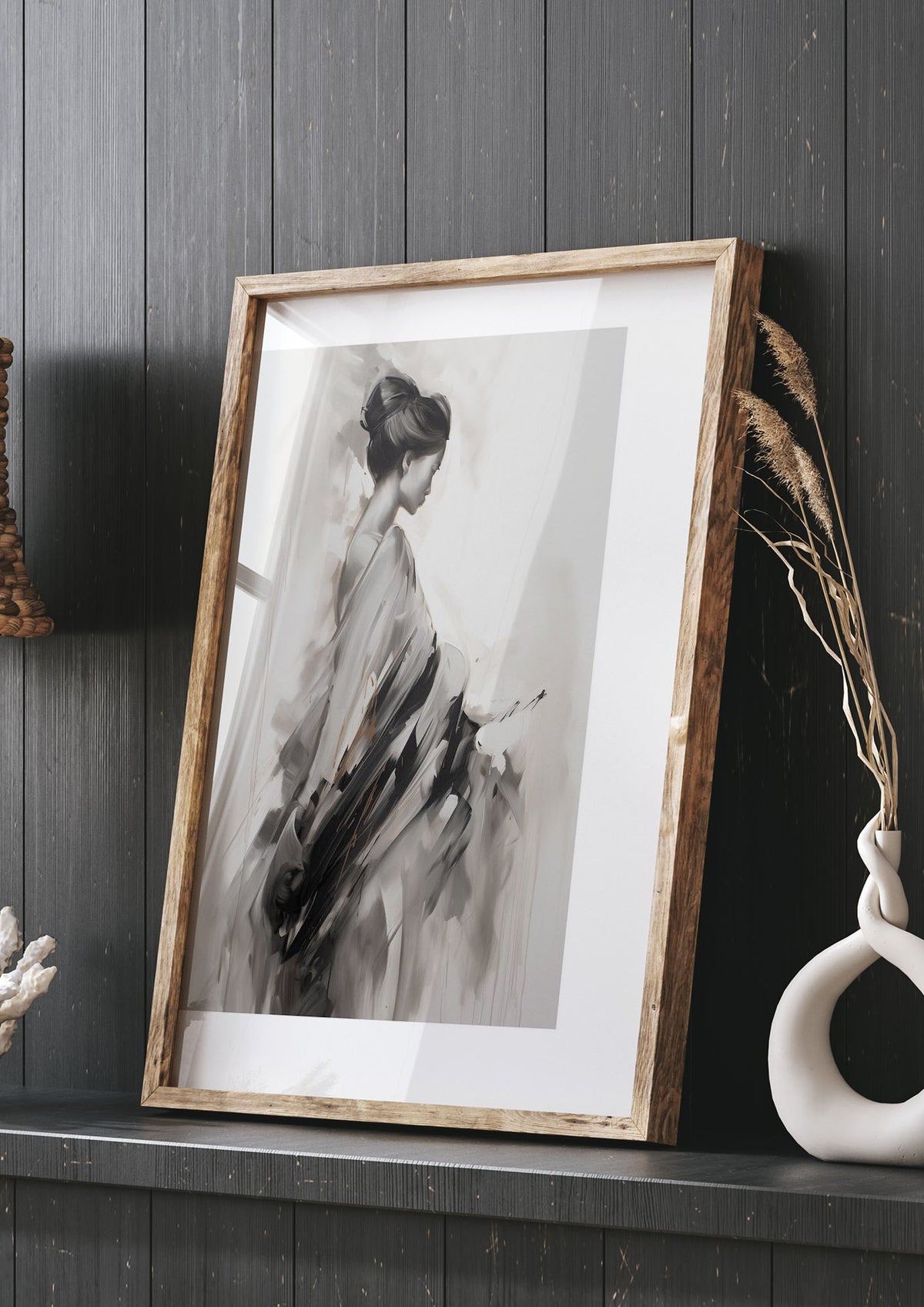 Womans Grace Evoked on Pearl Grey