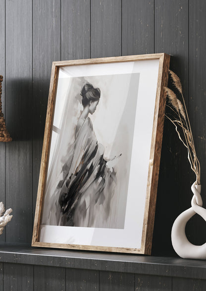 Womans Grace Evoked on Pearl Grey