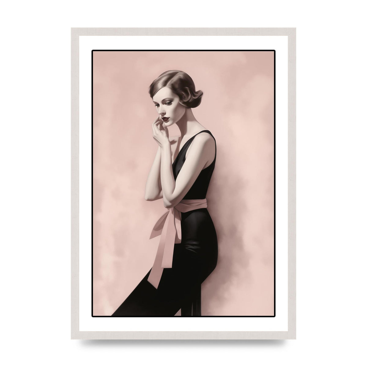 Dusty Pink Canvas with Bold Black Woman, print in an A2 white saw cut grain frame
