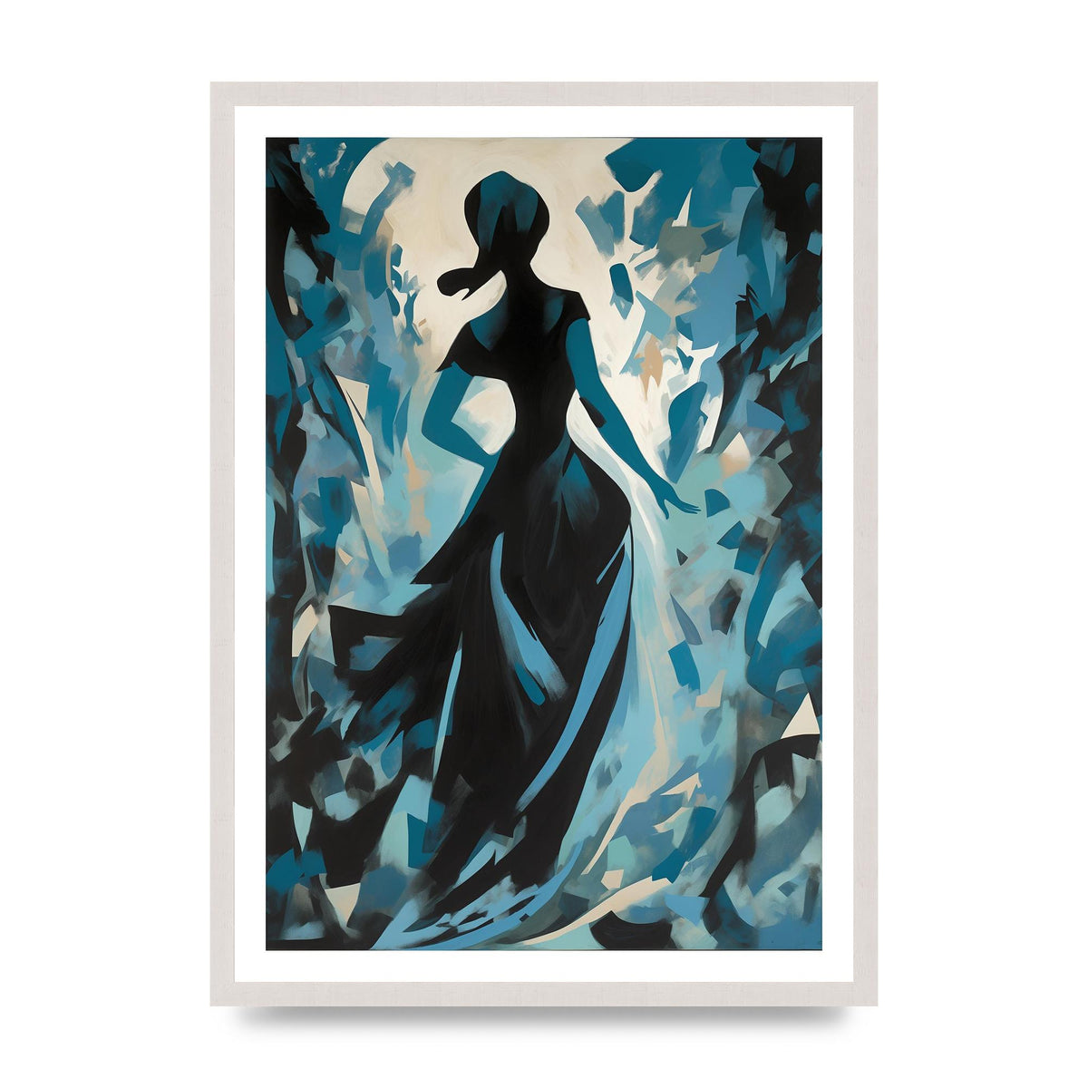 Harmonious Black Shapes on Cerulean, print in an A2 white saw cut grain frame