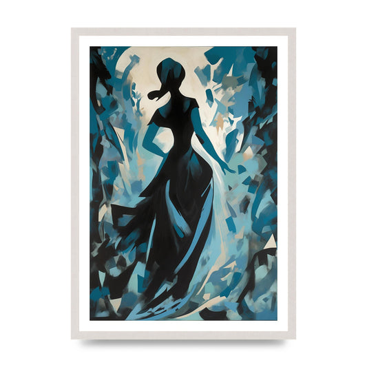 Harmonious Black Shapes on Cerulean, print in an A2 white saw cut grain frame
