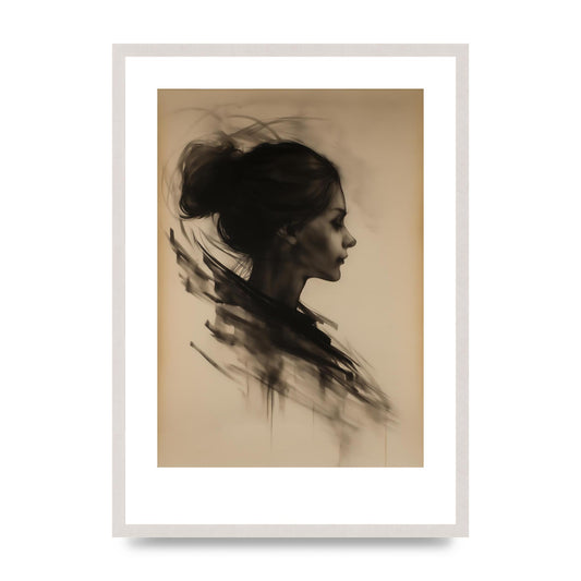 Womans Silhouette in Charcoal on Ivory, print in an A2 white saw cut grain frame