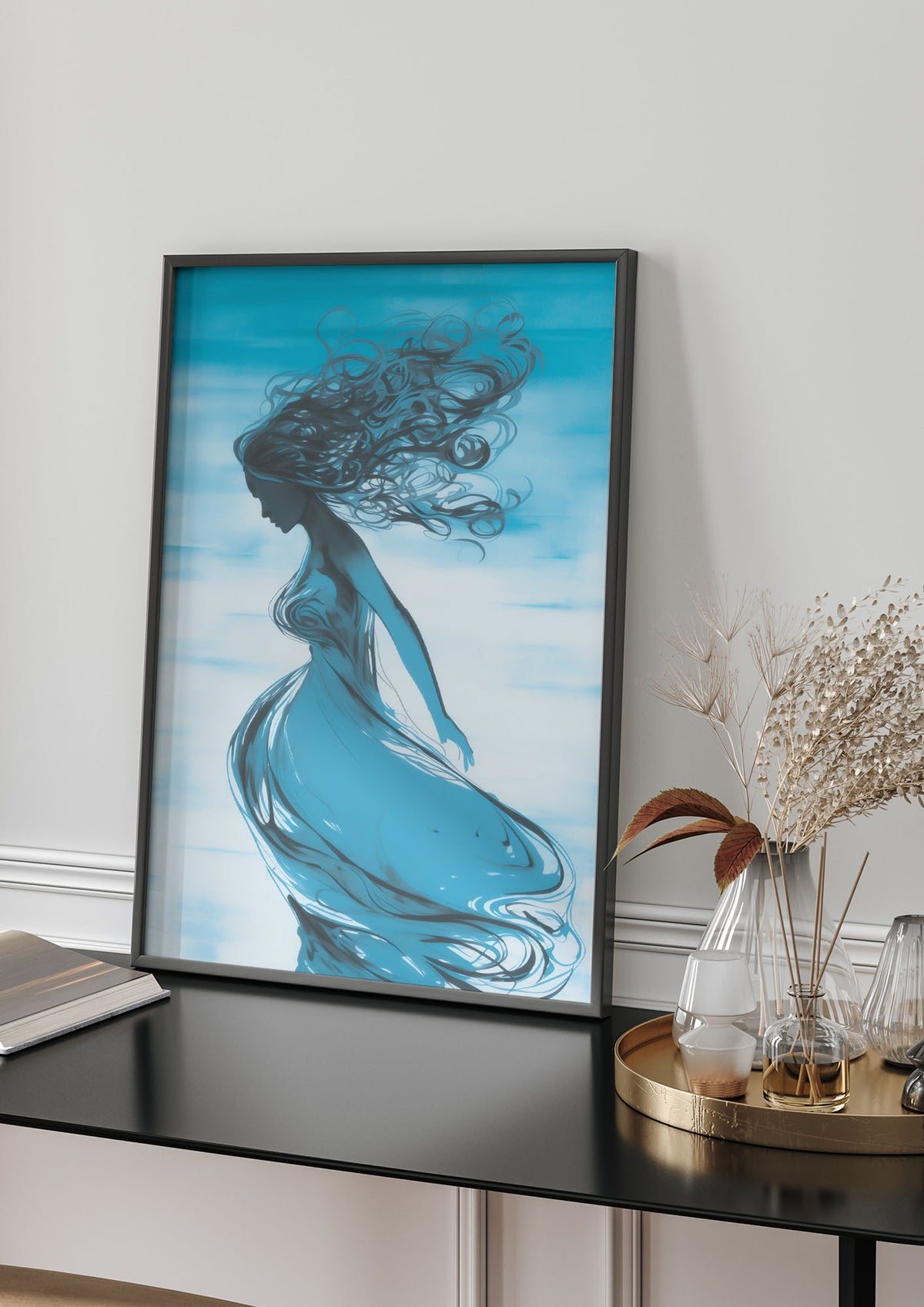 Cerulean Canvas with Womans Figure in Black