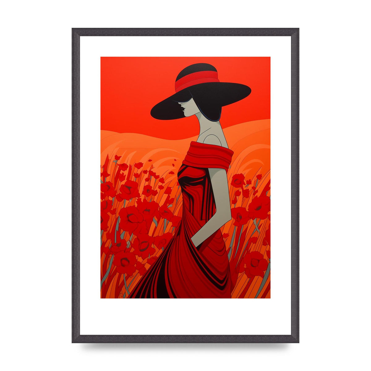 Dynamic Woman in Vermillion with Black Lines
