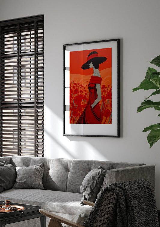 Dynamic Woman in Vermillion with Black Lines