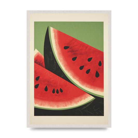 Watermelon Slice in Geometric Woodblock, print in an A2 white saw cut grain frame