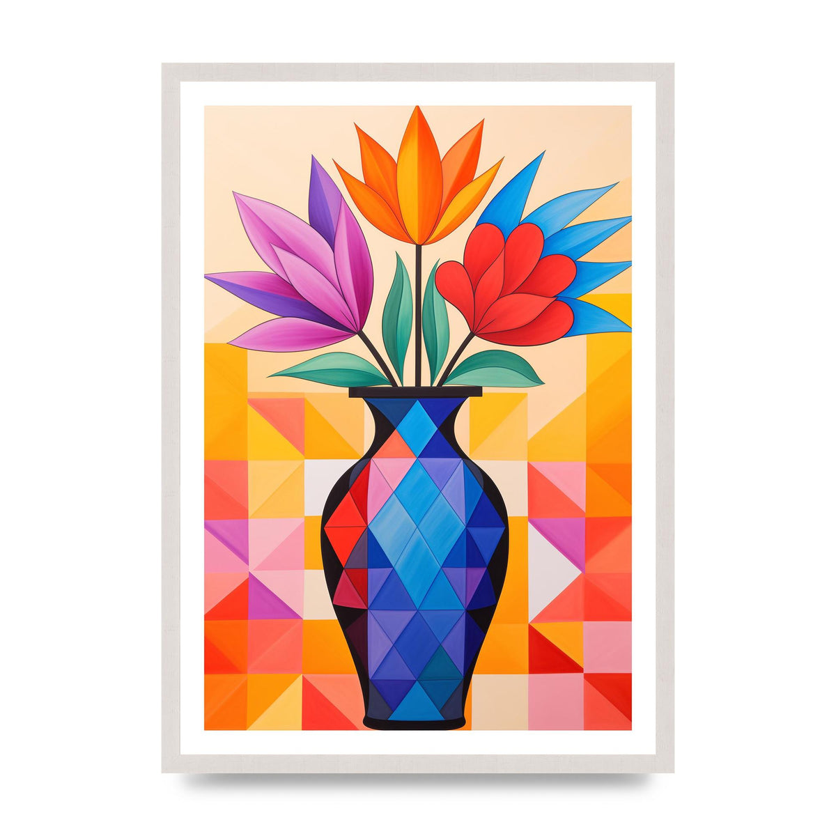 16 Flowers in Vibrant Color Vase, print in an A2 white saw cut grain frame