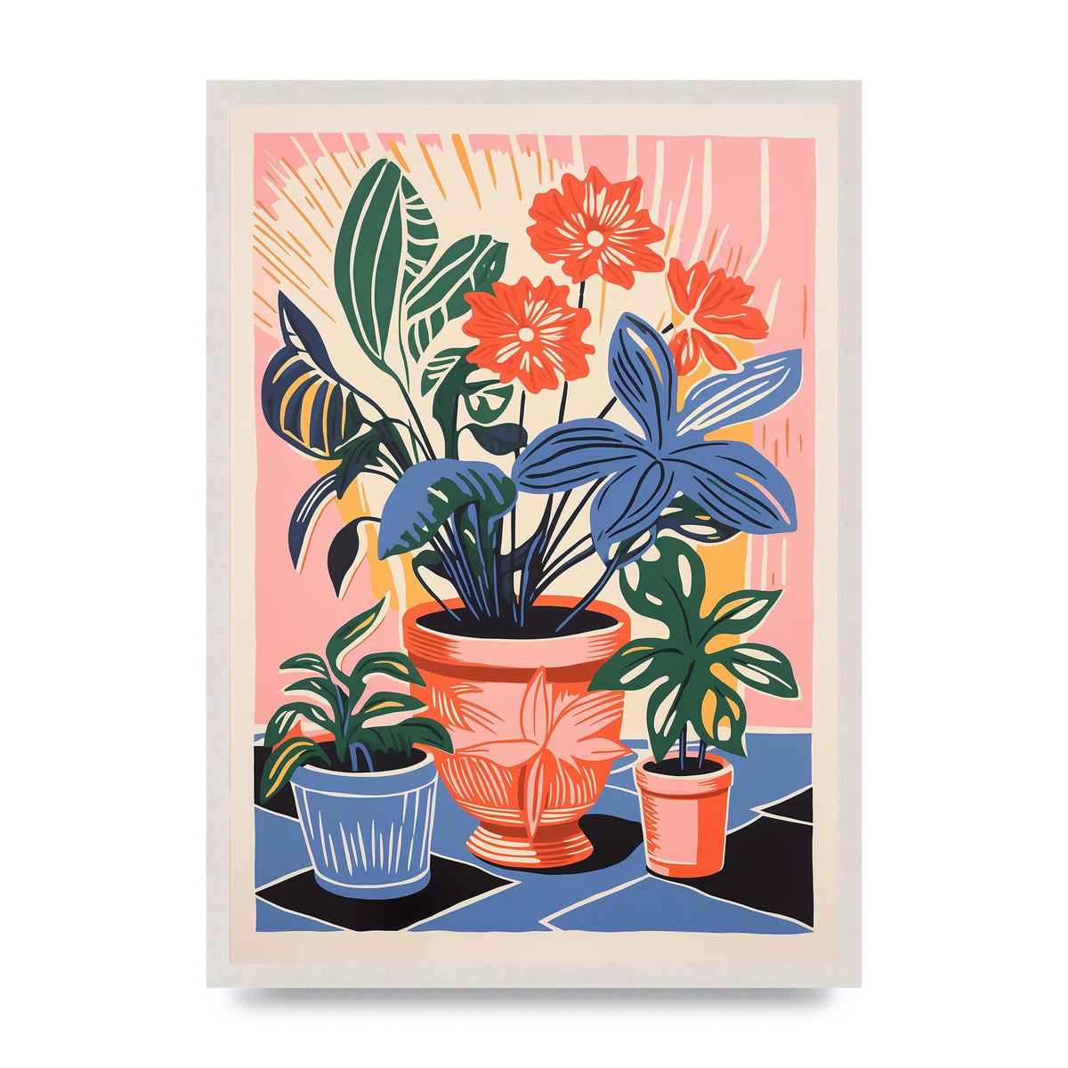 Vase with 27 Brightly Colored Flowers, print in an A2 white saw cut grain frame