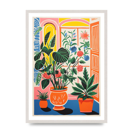 Vibrant Vase with Bold Coloured Flowers, print in an A2 white saw cut grain frame