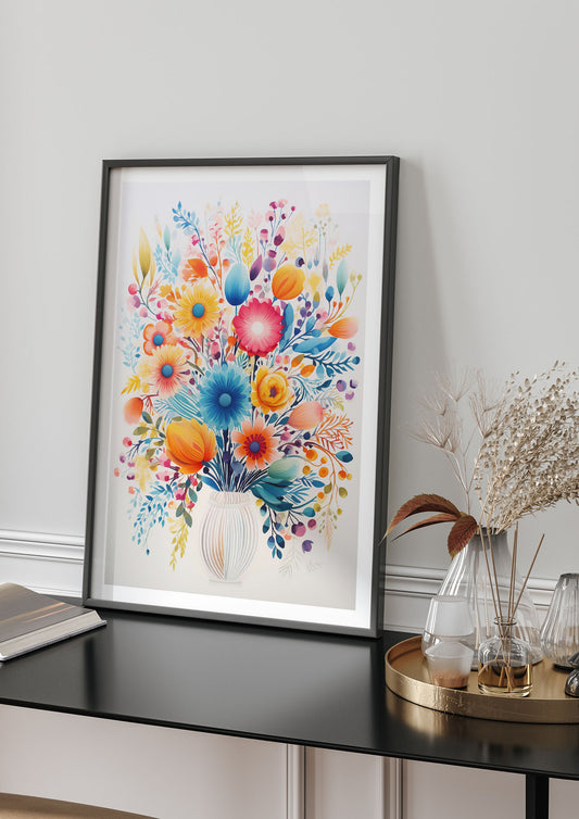 Tall Vase with Vibrant Hues and Bold Flowers