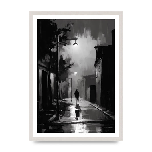 Nocturnal Shades in Black and White Impressionist Style, print in an A2 white saw cut grain frame