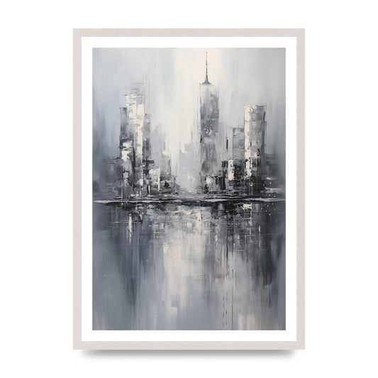 Rainy City Reflection in Monochrome, print in an A2 white saw cut grain frame