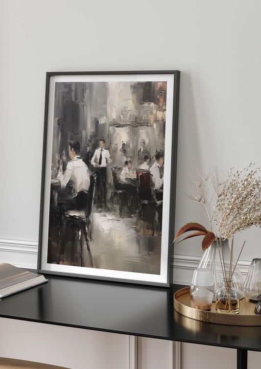 Lively Café Scene in Black and White