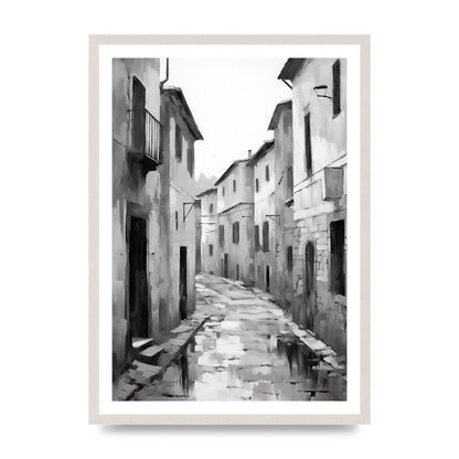Serene Village Street in Monochrome, print in an A2 white saw cut grain frame