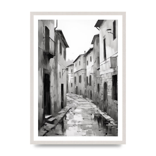 Serene Village Street in Monochrome, print in an A2 white saw cut grain frame