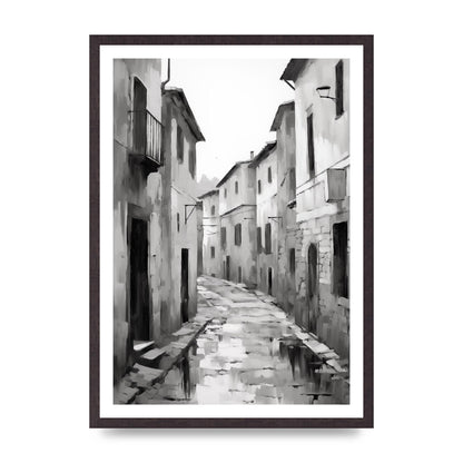 Serene Village Street in Monochrome