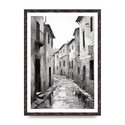 Serene Village Street in Monochrome