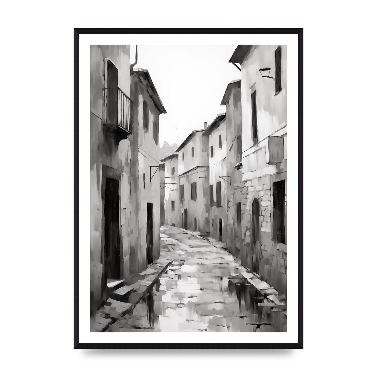 Serene Village Street in Monochrome