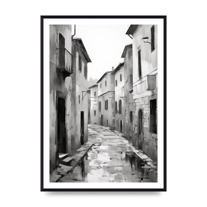 Serene Village Street in Monochrome