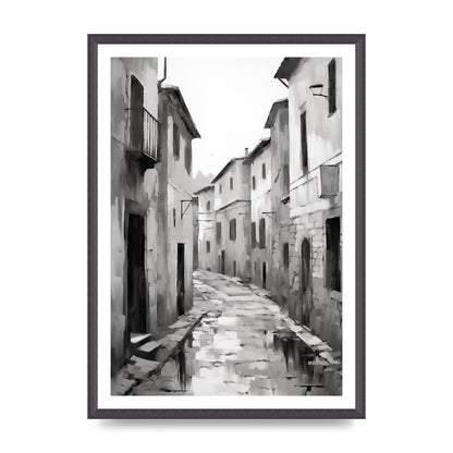 Serene Village Street in Monochrome